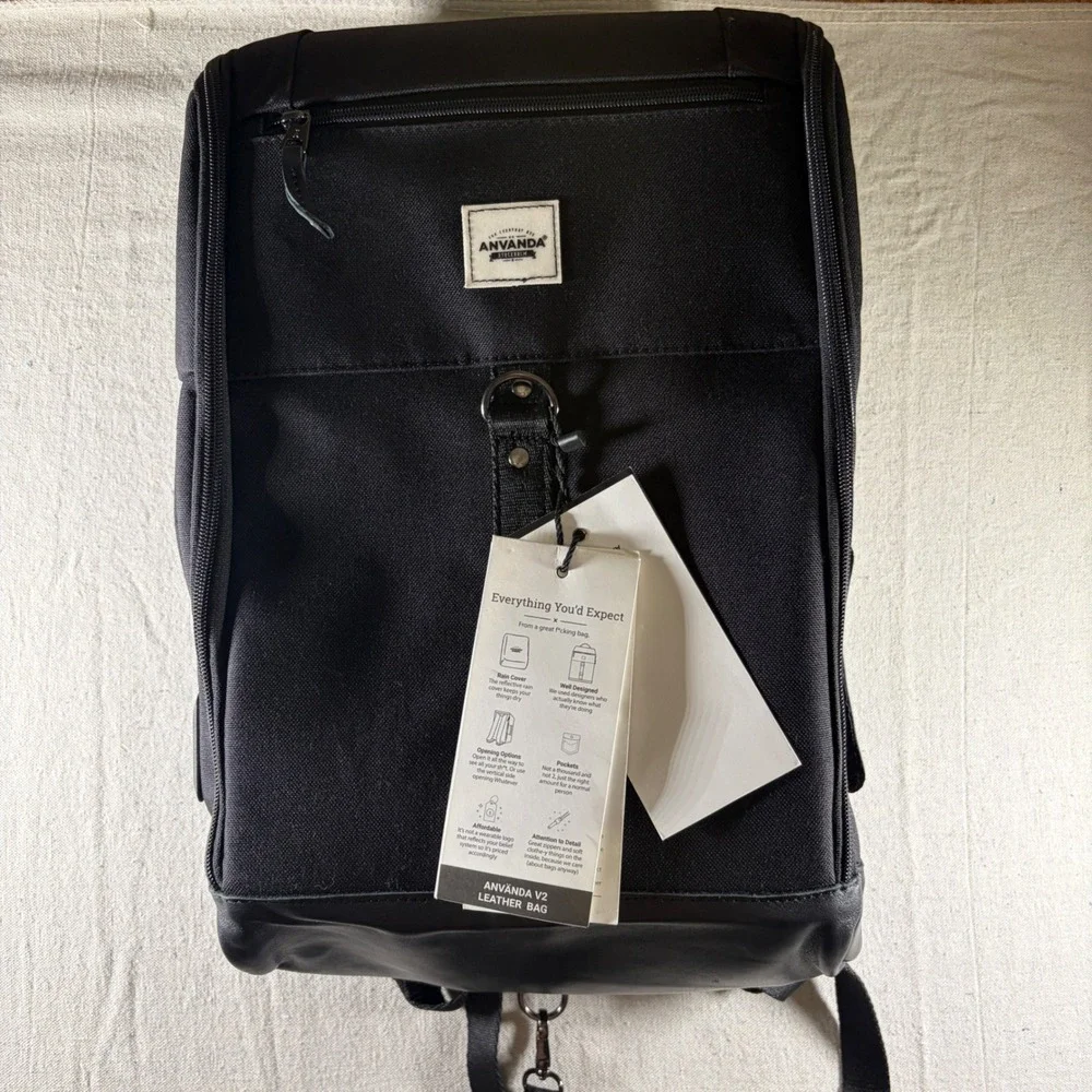 Anvanda V2 Backpack Unisex Medium Kodura Black Leather USB Charging Port NWT